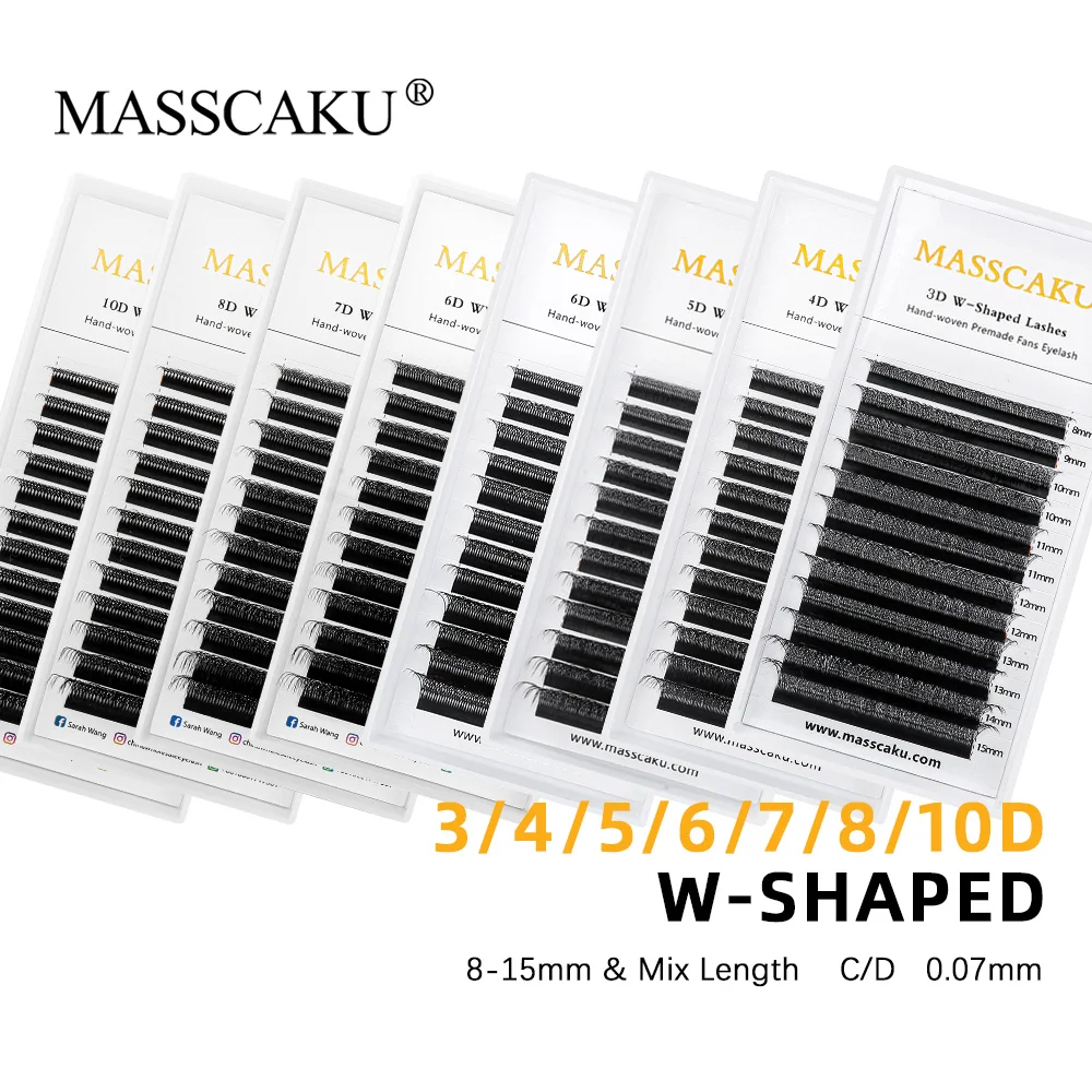 MASSCAKU 3D 4D 5D 6D 7D 8D 10D W 모양의 속눈썹 자연 부드럽고 가벼운 개별 W 스타일 미리 만들어진 팬 속눈썹 확장
