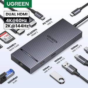 유그린 USB C 허브 듀얼 모니터 확장 4K60Hz HDMI 10Gbps PD100W RJ45 SD TF 스플리터 (윈도우 노트북 델 HP 도킹 스테이션용)