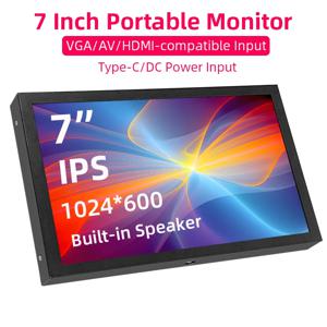 7 인치 휴대용 화면 1024x600 IPS LCD HDMI 호환 VGA AV 입력 DC 유형 C 전원 모니터 PC 노트북 카메라 TV 상자 RPI