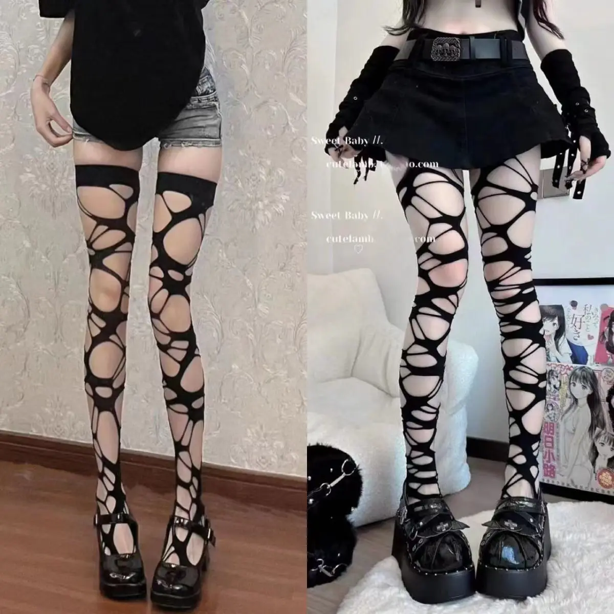 롱 튜브 트렌드 불규칙 고스 펑크 르 고기 베이비, 서브컬처 블랙 찢어진 스타킹 레깅스, 메쉬 양말