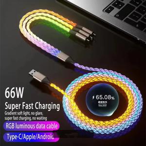 1PC 빠른 충전 RGB 호흡 빛나는 그라데이션 빛 데이터 케이블 iPhone 15 용 66W TYPE-C 충전기 Xiaomi Samsung POCO PD 코드