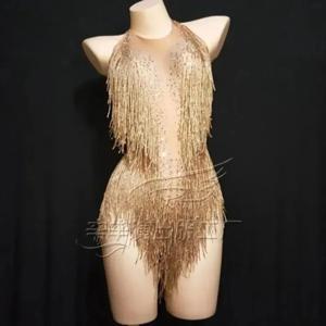 WomenVightclub 파티 댄스 의상 무대 착용 섹시한 술 레오타드 성능 의류 반짝 이는 라인 석 프린지 바디 슈트