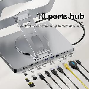 블루엔들리스 알루미늄 아이패드 거치대, 10-in-1 도킹 허브, 4K 60Hz, Type-C 어댑터, USB 3.0, 5Gbps, 100W PD 충전기 (노트북 및 데스크톱용)