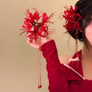 레트로 레드 스파이더 릴리 술 헤어 클립 패브릭 꽃 머리핀 신부 헤어 액세서리 시골 스타일 헤어 액세서리