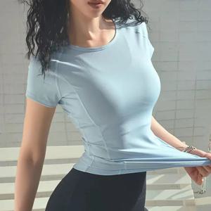여성용 스포츠 및 피트니스 반팔 셔츠, 라운드넥 풀오버, 메쉬 통기성 빠른 건조 요가 및 피트니스 티셔츠