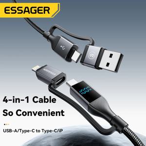Essager 4 In 1 디지털 디스플레이 USB 케이블 유형 C 100W PD iPhone Macbook iPad Xiaomi 유형 C 조명 케이블 용 고속 충전 와이어