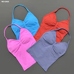 로고 없는 여성 롱라인 스트래피 탑 스포츠 요가 베스트 여성 피트니스 탱크탑 짐 아름다운 오픈 백 브라 러닝 운동 홀터