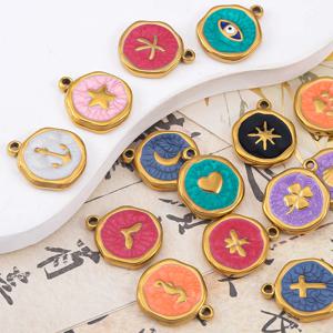 8pcs 골드 컬러 스테인레스 스틸 에나멜 하트 아이 썬 스타 라운드 참 펜던트 DIY 귀걸이 목걸이 쥬얼리 만들기 용품