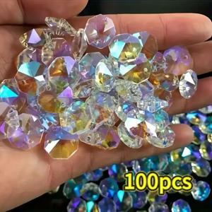 DIY j에 적합한 햇빛을 포착하기 위한 14mm 이중 구멍 팔각형 컬러 유리 크리스탈 무지개 빛깔의 프리즘 비즈 100개