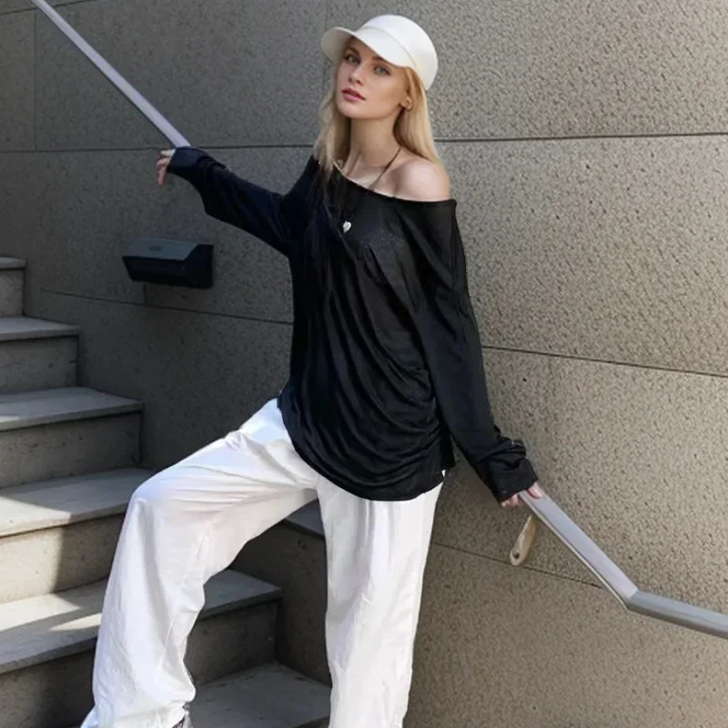 시크 레이지 여성 시스루 배기 티셔츠 여름 캐주얼 루즈 풀오버 솔리드 컬러 오프숄더 스트릿웨어 패션