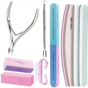 10개/세트 네일아트 100/180 그릿 전문가용 파일 버퍼 스펀지 블록 브러쉬 네일 가위 키트 (큐티클 니퍼 푸셔 포함)