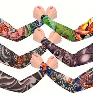 6pcs 남녀 공통 태양 차단 문신 팔 슬리브, 슬리브 커버, 문신 인쇄 슬리브, 멋진 스트리트 스타일, 야외 사이클링에 적합