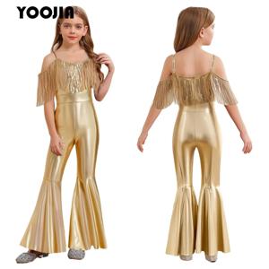 키즈 소녀 반짝 이는 60 70s 디스코 의상 메탈릭 히피 바디 슈트 할로윈 카니발 파티 힙합 댄스 점프 슈트 원피스 의상