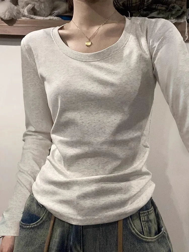 U넥 긴팔 티셔츠 여성 가을 겨울 신상 코튼 슬림 캐주얼 탑 베이직 무지 반팔티 한국 스타일