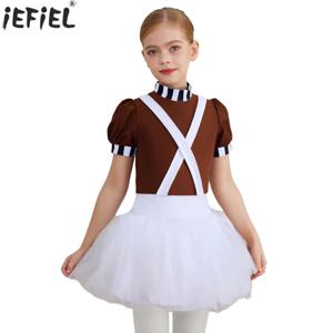 어린이 소녀 초콜릿 공장 작업자 할로윈 의상 테마 파티 코스프레 드레스 업 스트라이프 반팔 발레 댄스 튜튜 레오타드