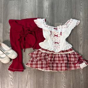 가을 스윗 레이스 슈트 여성 패션 디자인 슬림 보우 슬링 긴팔 가디건 헵번 뉴 레드 플래드 숏 스커트 3종 세트