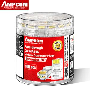 AMPCOM CAT6 RJ45 모듈러 플러그 인 캐니스터 포장 패스스루 커넥터 UTP 3μ 8P8C 이더넷 케이블용 크림프 엔드, 100/50/30PCS
