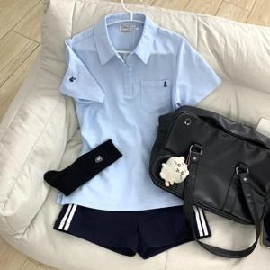 Deeptown 블루 폴로 셔츠 여성 Shoujo JK 일본 프레피 스타일 흰색 티셔츠 반소매 자수 티셔츠 기본 핑크 탑
