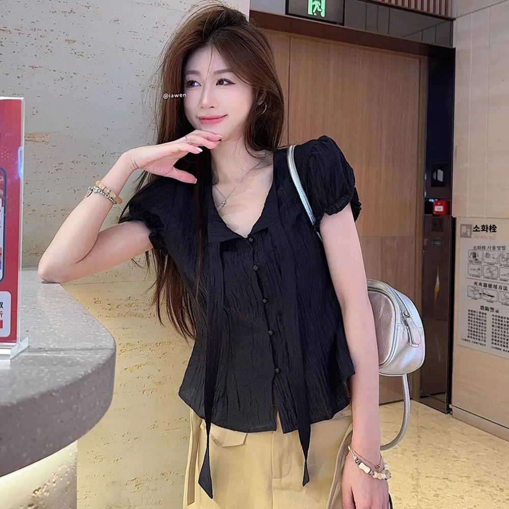 블랙 V넥 버블 슬리브 셔츠 여성 여름 슬리밍 돌탑 나비 매듭 벨트 허리 조절 가능한 패셔너블 블라우스