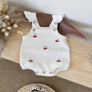 가을 새 아기 소녀 의류 체리 수 놓은 작은 민소매 삼각형 크롤러 Romper Bodysuit 귀여운 옷