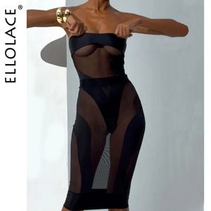 Ellolace 우아한 뜨거운 섹시한 란제리 Strapless Bodysuit 하프 드레스 2PC 세트 매혹적인 Splicing Party Queen Costume