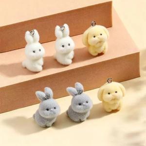 10개 플로킹 작은 토끼 레진 참 동물 펜던트 DIY 폰 체인 열쇠고리 귀걸이 액세서리 쥬얼리 제작 재료