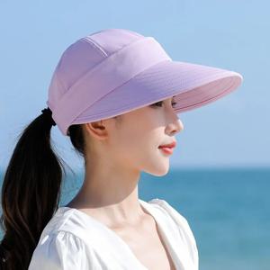 캐주얼 와이드 브림 여성 여름 햇빛 차단 모자 UV 보호 접이식 빈 탑 포니테일 캡 탈부착 가능 조절 가능한 비치 캡