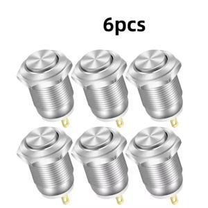 6개 12mm 순간 푸시 버튼 스위치 12V 방수 전원 푸시버튼 소형 원형 크롬 스테인리스 금속 2핀 N/O