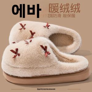 여성용 겨울 면 슬리퍼 – 귀여운 리본 장식의 미끄럼 방지 따뜻한 실내화, 산후조리용 부드러운 실내용 슬리퍼