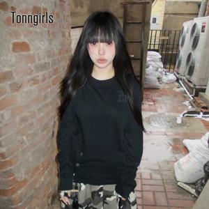 Tonngirls 아메리칸 레트로 프린트 그래픽 탑 긴 소매 버튼 Y2k 빈티지 그런지 탑 일본 2000년대 E-girls 티셔츠 가을