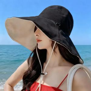 1Pc 양면 대형 챙 모자 여름 해변 스타일 야외 통근 휴가에 적합한 태양 보호 세련되고 다재다능함