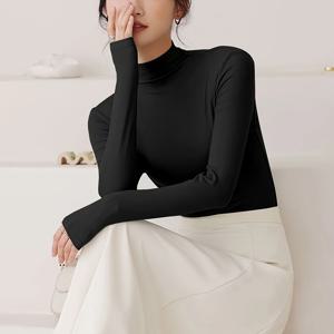 가을 겨울 슬림핏 목폴라 긴팔 티셔츠 여성용 단색 베이스 레이어 부드럽고 피부 친화적인 무봉제 언더셔츠