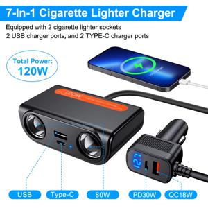7 in 1 USB 타입 C 소켓 120W 차량용 시거잭 스플리터 12V 24V 고속 충전기 휴대폰 전원 어댑터 차량용 DVR GPS 대시캠용