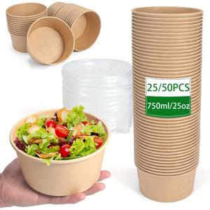 25온스/750ml 25/50팩 종이 그릇 뚜껑 포함, 일회용 수프 그릇, 음식 용기 도시락, 샐러드 그릇, 식사 준비 그릇