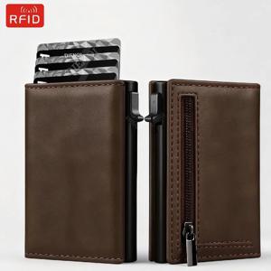 팝업 카드 지갑, 지퍼 동전 포켓이 있는 머니 클립, RFID 차단 명함 케이스, 남성용 블랙