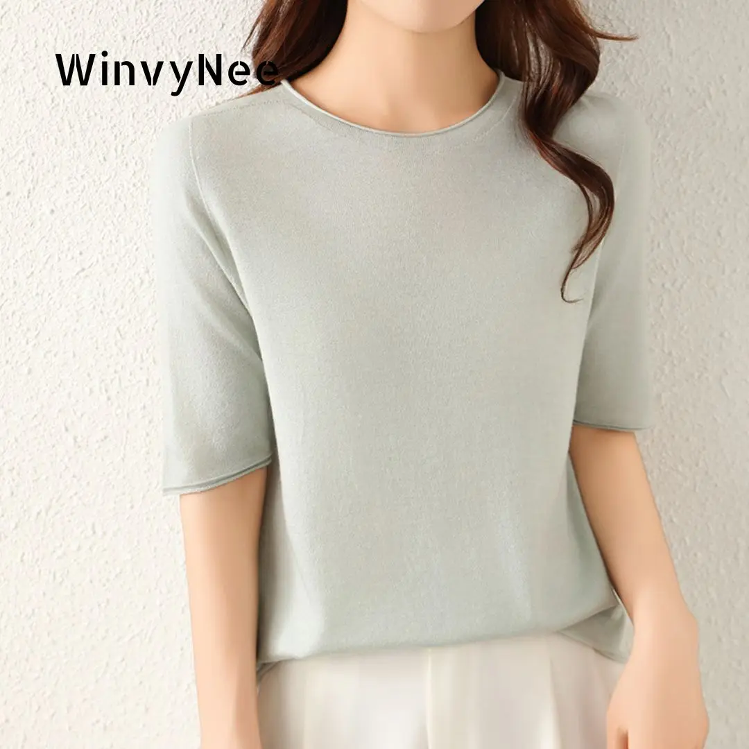 WinvyNee 여성용 울 크루넥 반팔 풀오버 봄 가을 데일리 니트 기본 의류 소프트 캐주얼웨어 A1757009