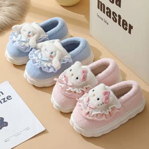 산리오 패션 여성용 바이럴 플러시 슬리퍼, 겨울용 따뜻한 플리스 안감 실내화, 귀여운 카와이 홈 슬라이드