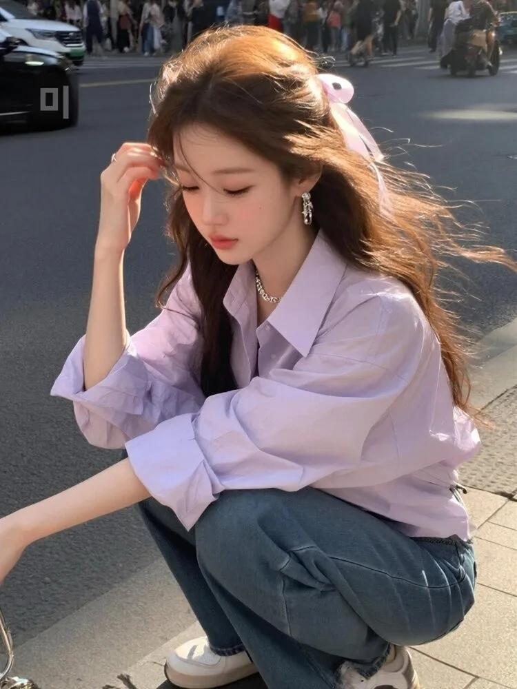 루즈핏 긴팔 퍼플 타로 캐주얼 한국 스타일 셔츠 레이어링 디자인 감각 여성용 편안하고 통기성 좋은 면 혼방 셔츠
