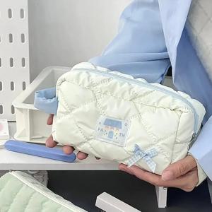 미니멀리스트 우유 흰색 나비 활 연필 케이스 귀여운 대용량 계층화 된 저장 연필 가방 휴대용 편지지 보관 가방