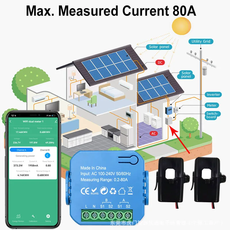 스마트 WiFi 에너지 클램프 미터 AC110V/240V 전력 수출 수입용 양방향 버저 알람 임계값 앱 모니터