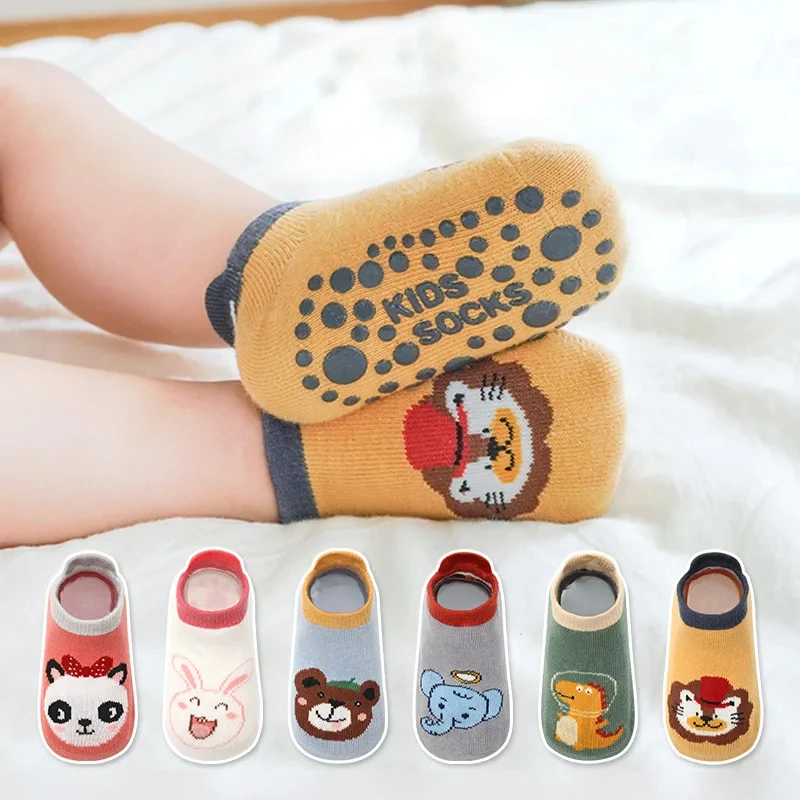 귀여운 만화 동물 무늬가 있는 남아 여아용 미끄럼 방지 양말 6켤레, 편안하고 통기성 좋은 아기 바닥 양말