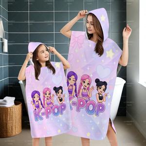 1PC K-POP 걸그룹 후드 목욕 가운 비치 타월 (어린이 및 성인용), 극세사 퀵 드라이, 귀여운 만화 프린트 가족 커플룩