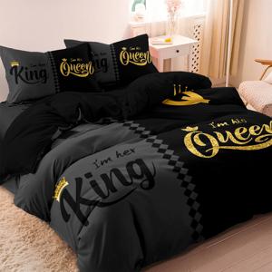 3pcs 유행하는 블랙 그레이 퀸 & 킹 크라운 프린트 침구 세트 이불 커버 부드럽고 편안하며 통기성이 좋음, 침실, 호텔