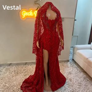 레드 다이아몬드 베일 프롬 드레스 2026 블랙 걸스 코르셋 하이 슬릿 베스티도 데 페스타 머메이드 포멀 이브닝 파티 가운 맞춤 제작