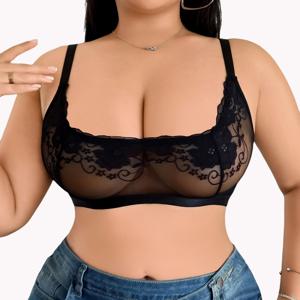 1XL-4XL 플러스 사이즈 여성용 시스루 레이스 브라렛, 무선 노와이어 섹시 메쉬 브라, 조절 가능한 스트랩, 편안한 섹시 란제리