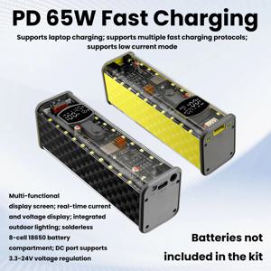 65W PD 고속 충전 8셀 무납땜 18650 보조 배터리 케이스 3.3-24V 조절 가능 DC DIY 배터리 박스 LED 디스플레이 야외 조명