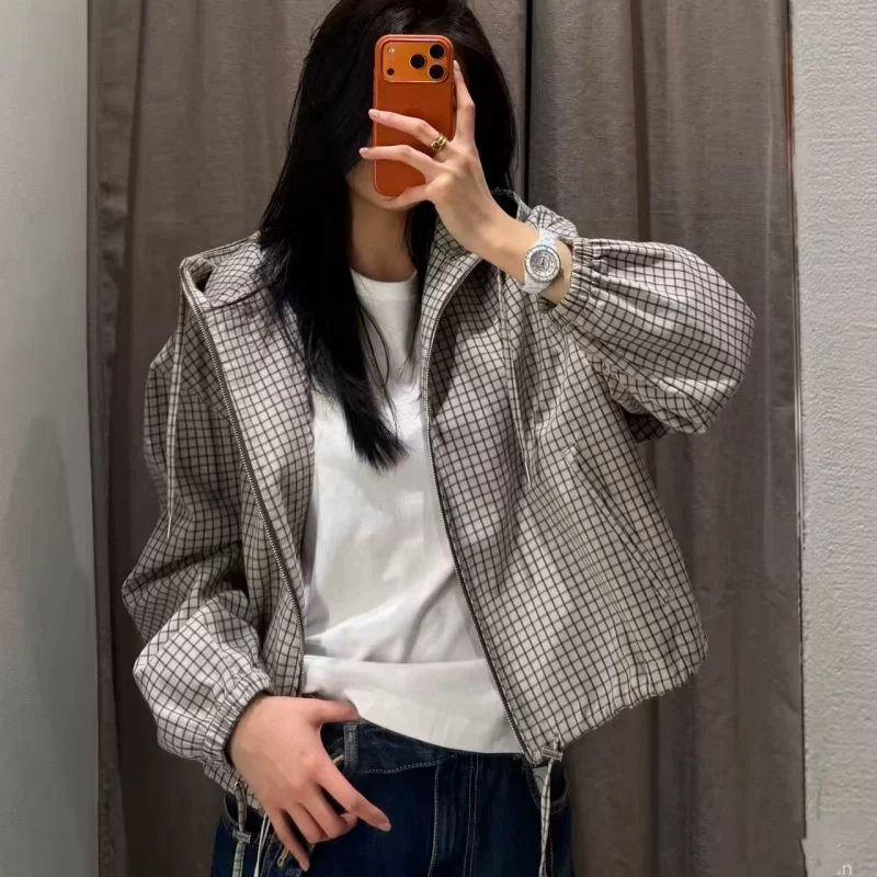 체크무늬 스탠드 칼라 재킷 여성 긴팔 지퍼 루즈핏 드로스트링 아우터웨어 2026 봄 가을 캐주얼 시크 오피스룩 코트