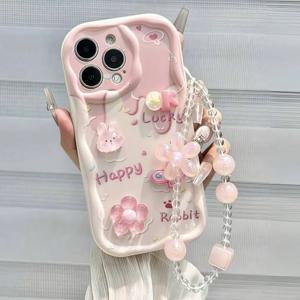 스위트 스타일 핑크 3D 토끼 꽃 무늬 웨이브 엣지 폰 케이스 (아이폰 18, 17, 16, 15, 14, 13, 12, 11 프로 맥스, 16E, 17E용) 랜야드 포함 소프트 커버