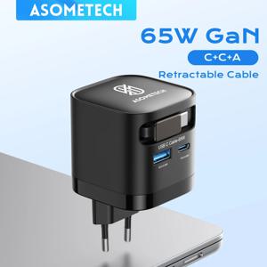 65W GaN USB 충전기 (C타입 접이식 케이블 포함) 3포트 QC4.0 PD3.0 PPS 고속 충전기 (맥북, 아이폰 16, 15, 14, 샤오미 호환)