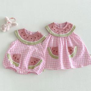 2026 여름 아동복 수박 칼라 아기 바디수트 패치 포켓 핑크-화이트 체크 여아 드레스